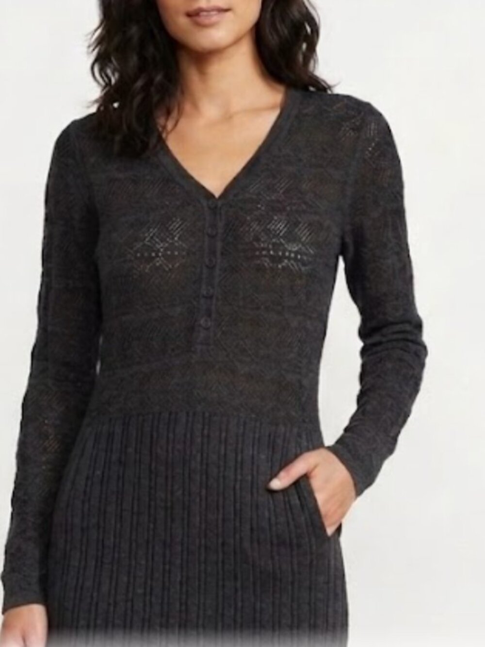 CYNTHIA ROWLEY 100% Merino Wool Open Knit Pointelle Henley Sweater Dress | M